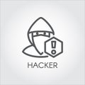 Computer hacker line icon. Abstract figure of man in mask and exclamation mark contour pictograph Criminal cyber hacking