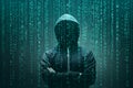 Computer hacker in mask and hoodie over abstract binary background. Obscured dark face. Data thief, internet fraud