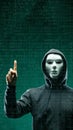 Computer hacker in mask and hoodie over abstract binary background. Obscured dark face. Data thief, internet fraud, darknet and Royalty Free Stock Photo