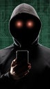 Computer hacker in mask and hoodie over abstract binary background. Obscured dark face. Data thief, internet fraud, darknet and Royalty Free Stock Photo