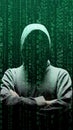 Computer hacker in mask and hoodie over abstract binary background. Obscured dark face. Data thief, internet fraud, darknet and Royalty Free Stock Photo