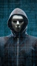 Computer hacker in mask and hoodie over abstract binary background. Obscured dark face. Data thief, internet fraud, darknet and Royalty Free Stock Photo