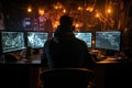 Computer hacker operating within the darknet, surrounded by screens, code, and anonymity. AI Generated