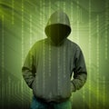 Computer hacker silhouette of hooded man Royalty Free Stock Photo