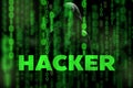 Computer hacker silhouette of hooded man with binary data screen and network security terms matrix theme