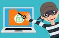 Computer hacker and thief vector character trying to hack and access login information and confidential files Royalty Free Stock Photo