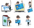 Computer hacker vector character set. Cyber security thief hacking computer and mobile stealing credit card information Royalty Free Stock Photo