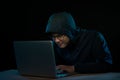 Computer hacker working in dark room Royalty Free Stock Photo