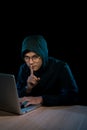 Computer hacker working in dark room Royalty Free Stock Photo