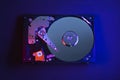 Computer hard disk drive HDD photo in cyberpunk styles. Red-blue background Royalty Free Stock Photo