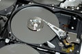 Computer hard disk drive storage memory, repair broken computer part, close up of open hard disc with platters, spindle, actuator Royalty Free Stock Photo