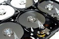 Computer hard disk drive storage memory, repair broken computer part, close up of open hard disc with platters, spindle, actuator Royalty Free Stock Photo