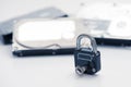 Computer hard disks and metal padlock with key concept for encrypted data, cyber security
