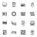 Computer hardware icons set outline or line style vector illustration