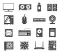 Computer hardware black and white glyph icons set