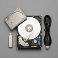 Components on a gray surface, including an open internal hard disk Royalty Free Stock Photo