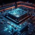 Computer hardware, CPU and circuit board with technology abstract, microchip and motherboard closeup. Cyber tech, cloud