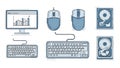 Computer Hardware Devices Line Art Set with Data Analytics Screen Royalty Free Stock Photo