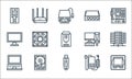 computer hardware line icons. linear set. quality vector line set such as cpu, flash drive, laptop, adapter, hard drive device, Royalty Free Stock Photo