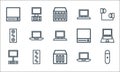 computer hardware line icons. linear set. quality vector line set such as flashdrive, data storage, monitor, laptop, woofer,