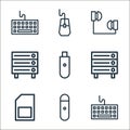 computer hardware line icons. linear set. quality vector line set such as keyboard, flashdrive, micro sd, storage device, usb