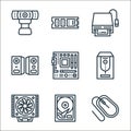 computer hardware line icons. linear set. quality vector line set such as mouse, hard drive device, cooler, uninterrupted power Royalty Free Stock Photo
