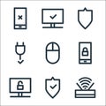 Computer hardware line icons. linear set. quality vector line set such as wifi, protection, unlocked, lock, mouse, cable, protect