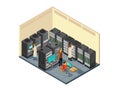 Computer hardware in network server room with staff. Isometric security center vector illustration Royalty Free Stock Photo