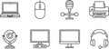 Computer hardware and peripherals line art vector icons: laptop, mouse, microphone, printer, webcam, desktop computer, monitor, Royalty Free Stock Photo