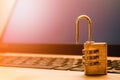 Computer information security and data protection concept, padlock on laptop computer keyboard. Computer security protection from