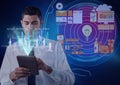 Computer interface with data processing against businessman using digital tablet Royalty Free Stock Photo