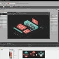 A computer interface displays a 3D vector design program. The main window shows Royalty Free Stock Photo