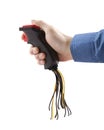 Computer joystick with cables in hand Royalty Free Stock Photo
