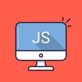 Computer with JS word on screen. Javascript scripting language. Web development, create js script, coding, learning