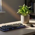 A computer keyboard with backlit keys sits on a light wood desk in natural daylight. To Royalty Free Stock Photo