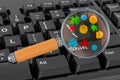 Computer keyboard with germs and bacterias under magnifying glass. 3D rendering Royalty Free Stock Photo
