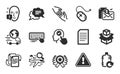 Computer keyboard, Helping hand and Bureaucracy icons set. Face attention, Select user and Refill water signs. Vector