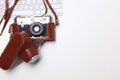 Computer keyboard, mouse and camera lie on table Royalty Free Stock Photo