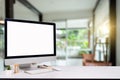 Computer Keyboard and mouse with desk on the table, Workspace with blank screen coffee cup