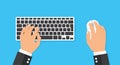 Computer keyboard and mouse with hands of user - stock vector Royalty Free Stock Photo