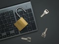 A computer keyboard, an open lock, and three keys on a dark gray background. Flat lay Royalty Free Stock Photo