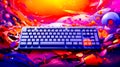 Computer keyboard sitting on top of purple and red surface with orange and pink background. Generative AI Royalty Free Stock Photo