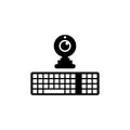 Computer Keyboard and Webcam for Chat. Flat Vector Icon illustration. Simple black symbol on white background. Computer Keyboard Royalty Free Stock Photo