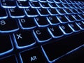 Computer keypad glowing in dark. Illuminated keyboard. Closeup view of computer keyboard buttons. Computer keyboard with glowing Royalty Free Stock Photo