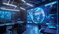 A computer lab with a large screen showing a globe by AI generated image Royalty Free Stock Photo