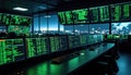 Computer lab with multiple monitors displaying green code Royalty Free Stock Photo