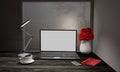 Computer Labtop white screen on wooden surface table. Black coffee in white mug. Red roses in white vase. Concept and copy space