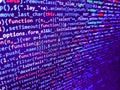 Computer language script code screen. HTML5 in editor for website development. Shallow depth of field, selective focus effect.