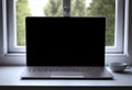 Computer Laptop with blank screen on table, desk blank work office mockup monitor, AI Generated Royalty Free Stock Photo