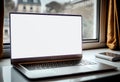 Computer Laptop with blank screen on table, desk blank work office mockup monitor, AI Generated Royalty Free Stock Photo